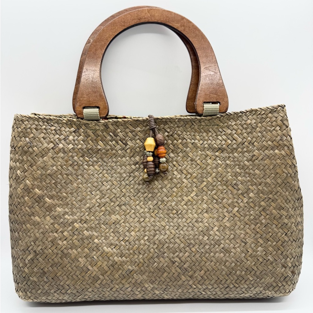 Vintage 90s Y2K St. Johnβs Bayβ Seagrass Wooden Handle Tote Boho Phoebe Buffet